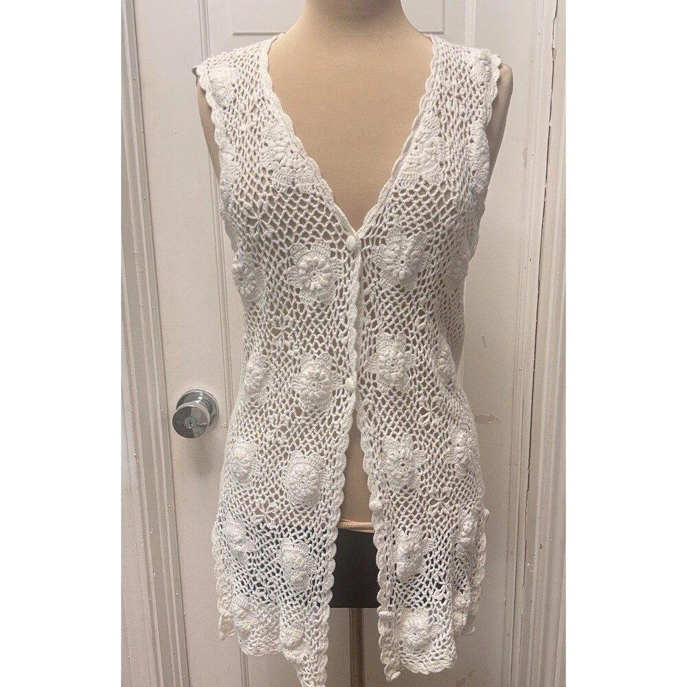 Vintage Crochet Lace Cardigan Open Front Knit Festival Boho Cottagecore S/M